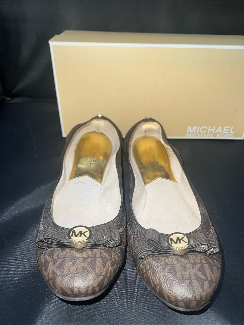 Michael Kors Brown MK Logo Ballet Flats with Gold Tone Emblem